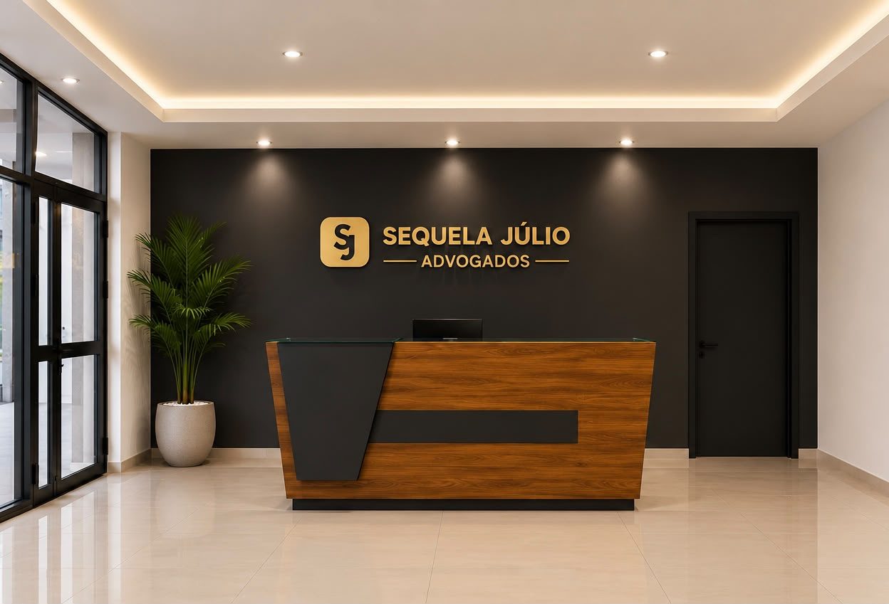 Recepção da Sequela Júlio Advogados com balcão de madeira e logótipo dourado